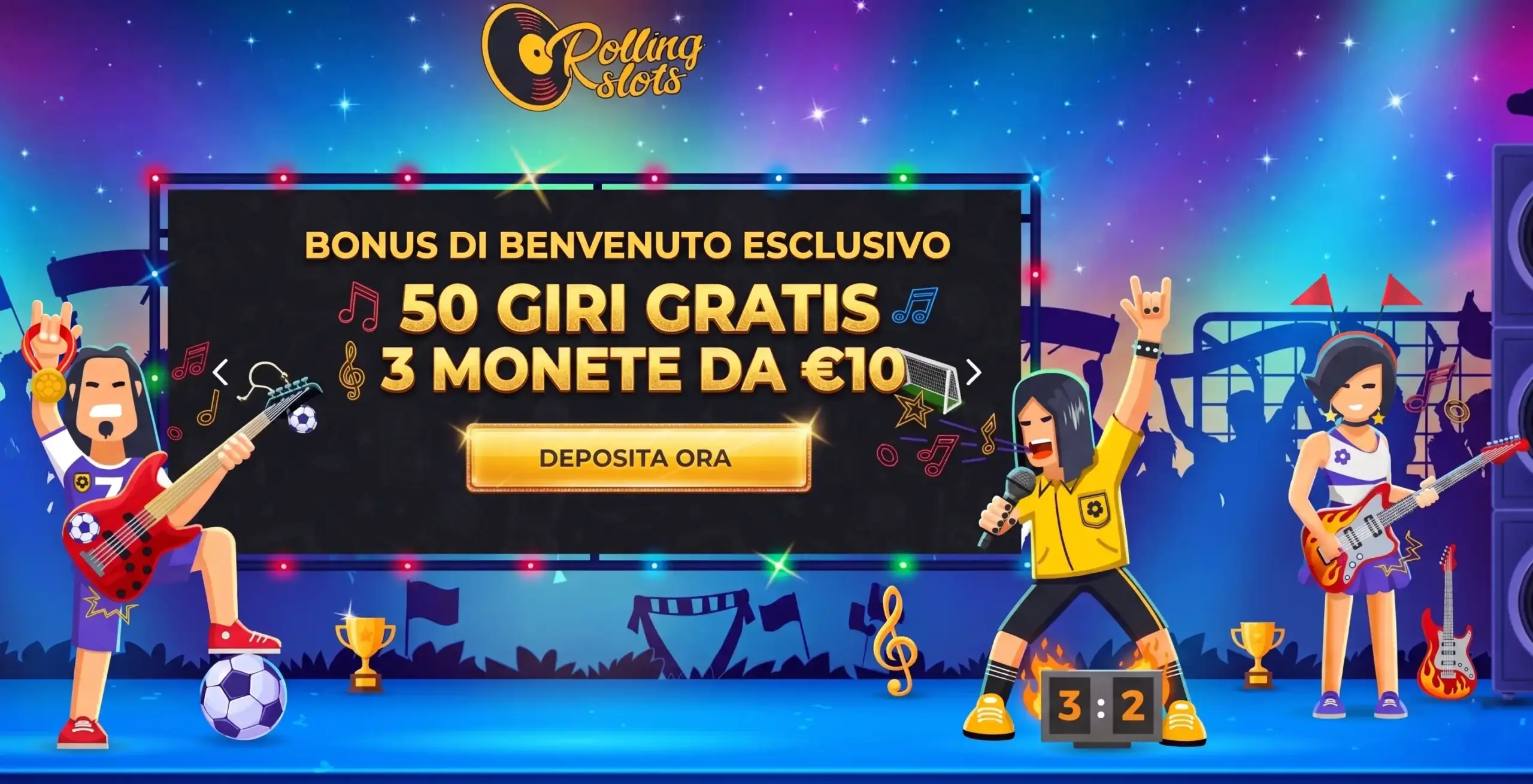 Banner bonus 50 giri gratis e band rock