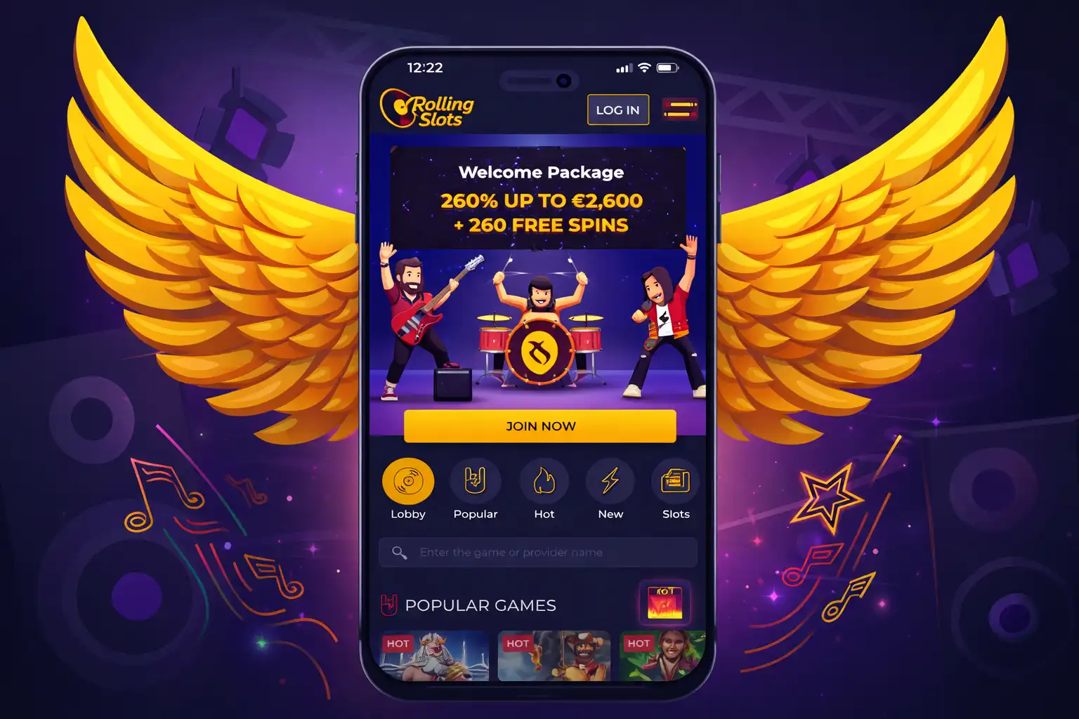 App mobile Rolling Slots con ali d'oro