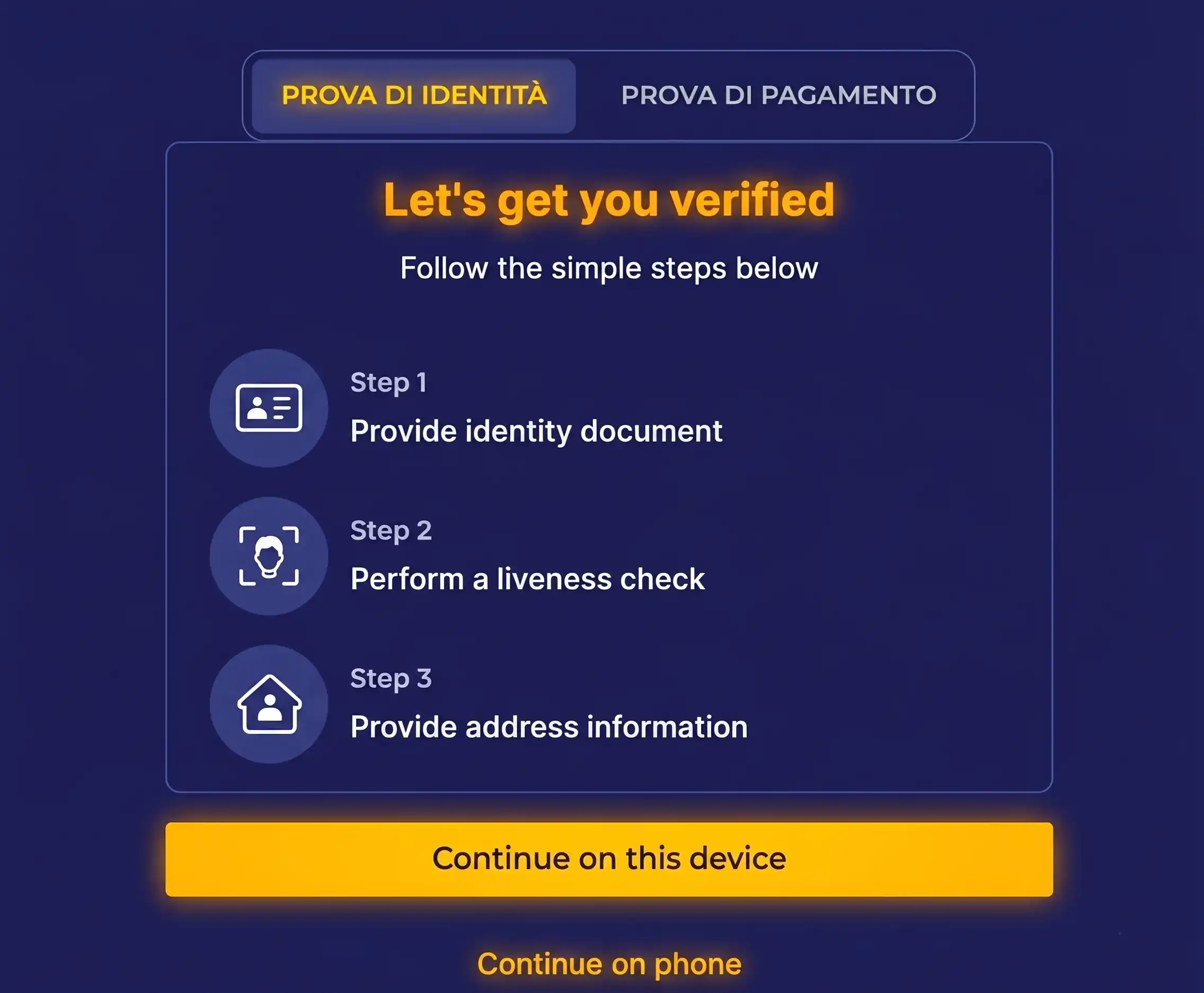 Interfaccia verifica identità utente