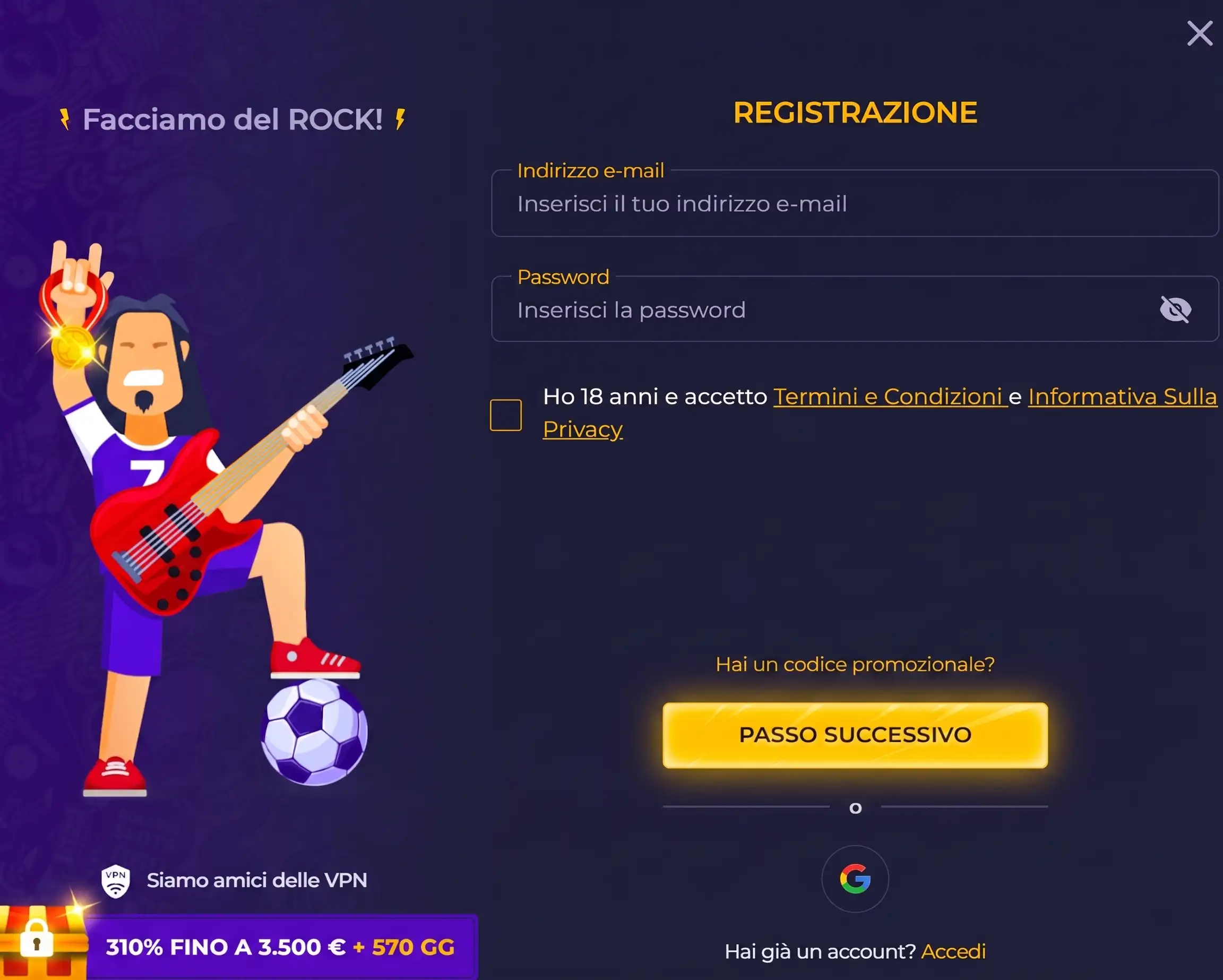 Modulo di registrazione del casinò